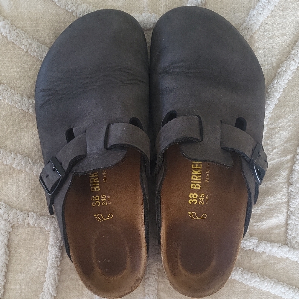 Birkenstock Boston Grey Leather Slip-On Clogs with Buckle